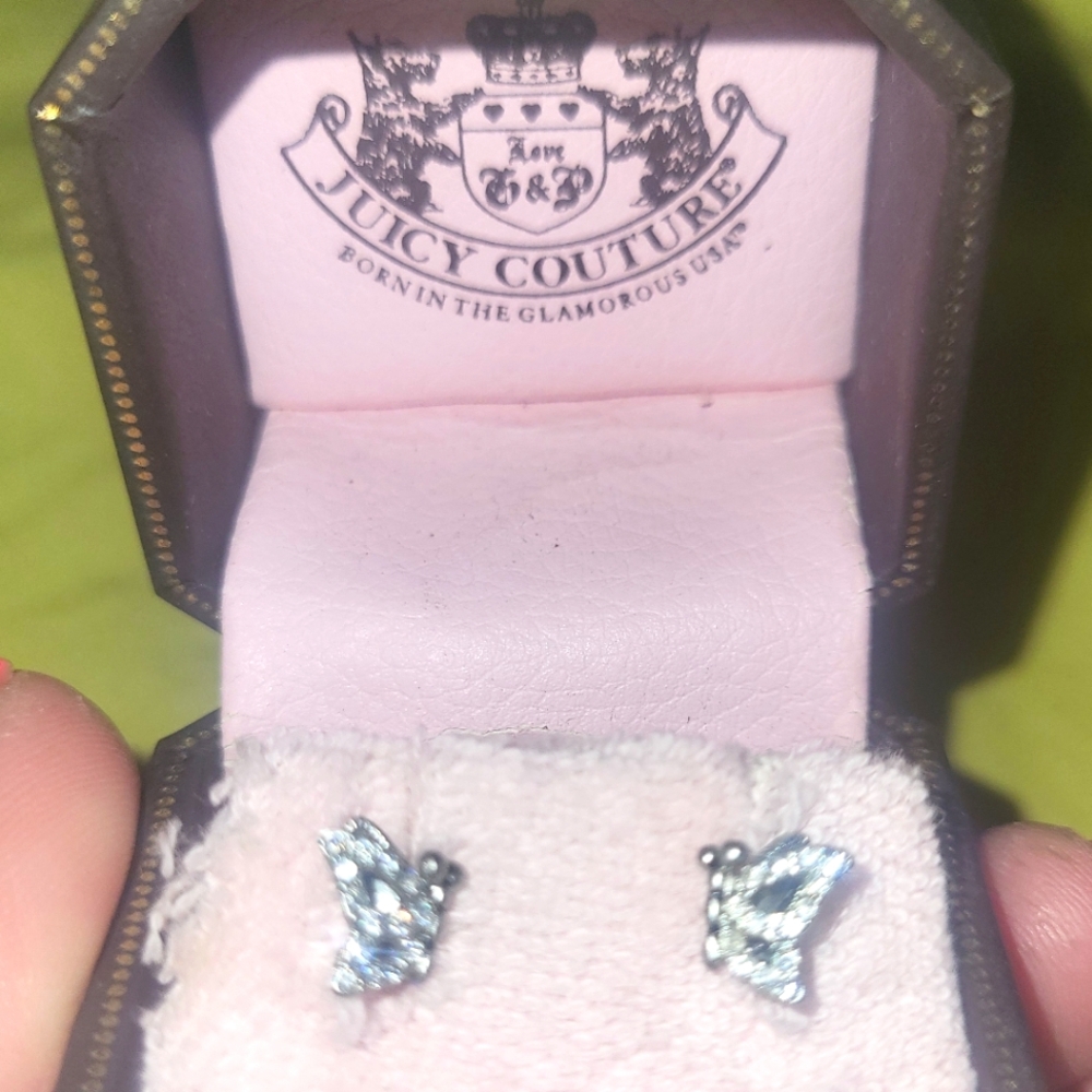 JUICY COUTURE VTG NEW Y2K SMALL BUTTERFLY SILVER CZ EARRINGS W/CROWN BACKINGS